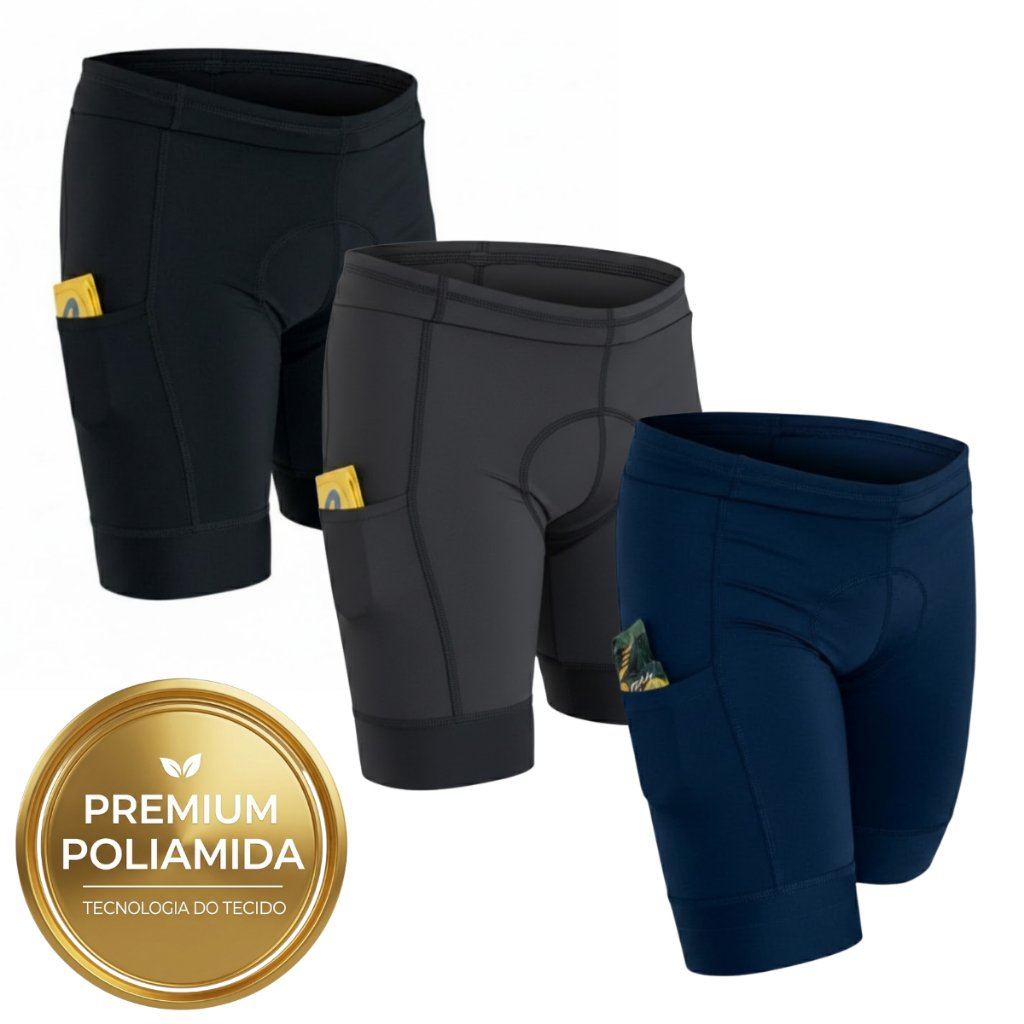 Kit 3 Bermudas Triathlon Masculina Compressão Forro Interno 4 Bolsos Poliamida Elastano