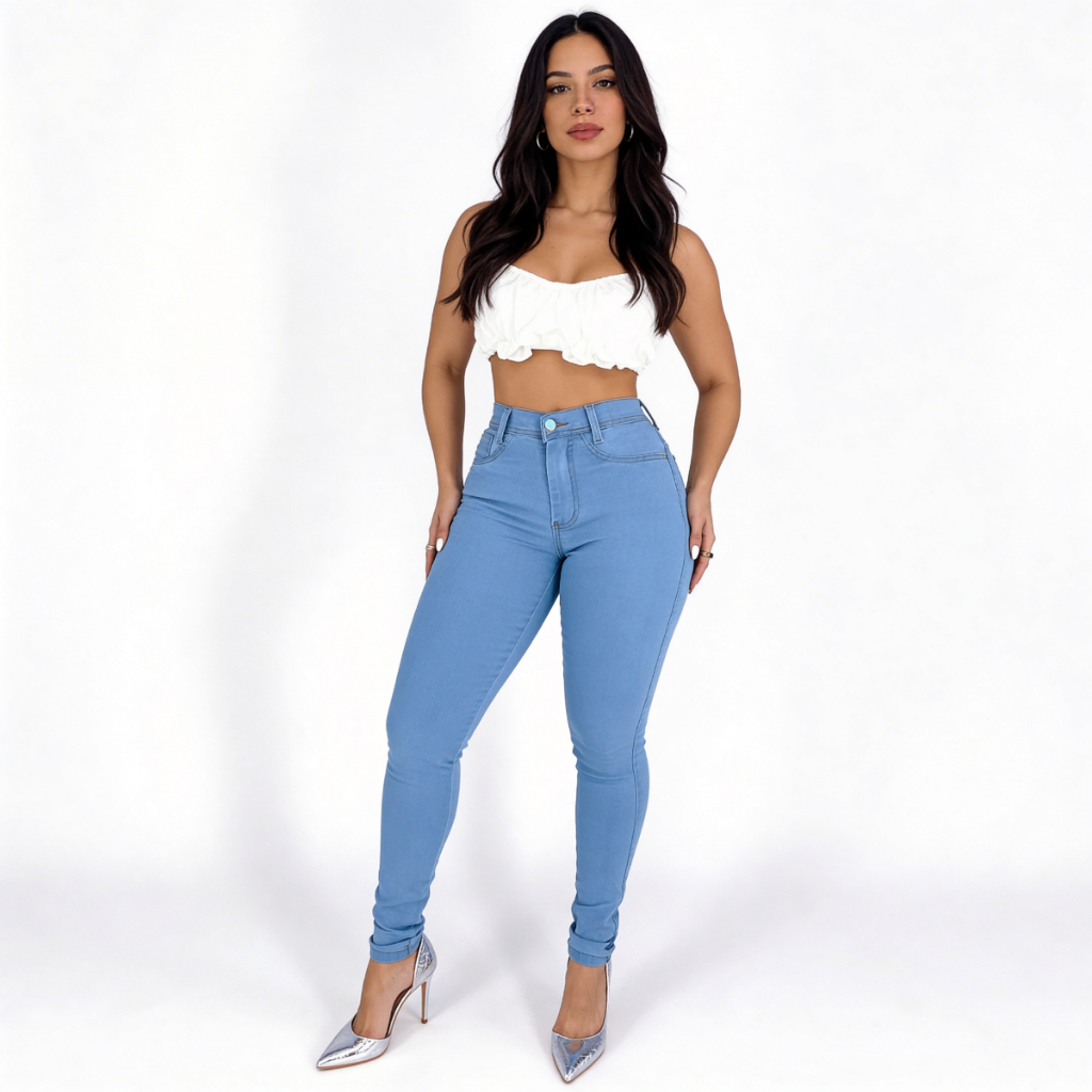Calça Jeans Feminina Skinny Cintura Alta Modeladora com Lycra Empina Bumbum Confortável Premium
