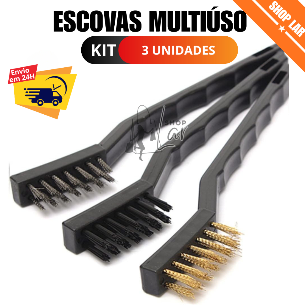 Escovas de Aço Multiuso Kit 3 Pcs Aço Latão Nylon Cabo Plástico