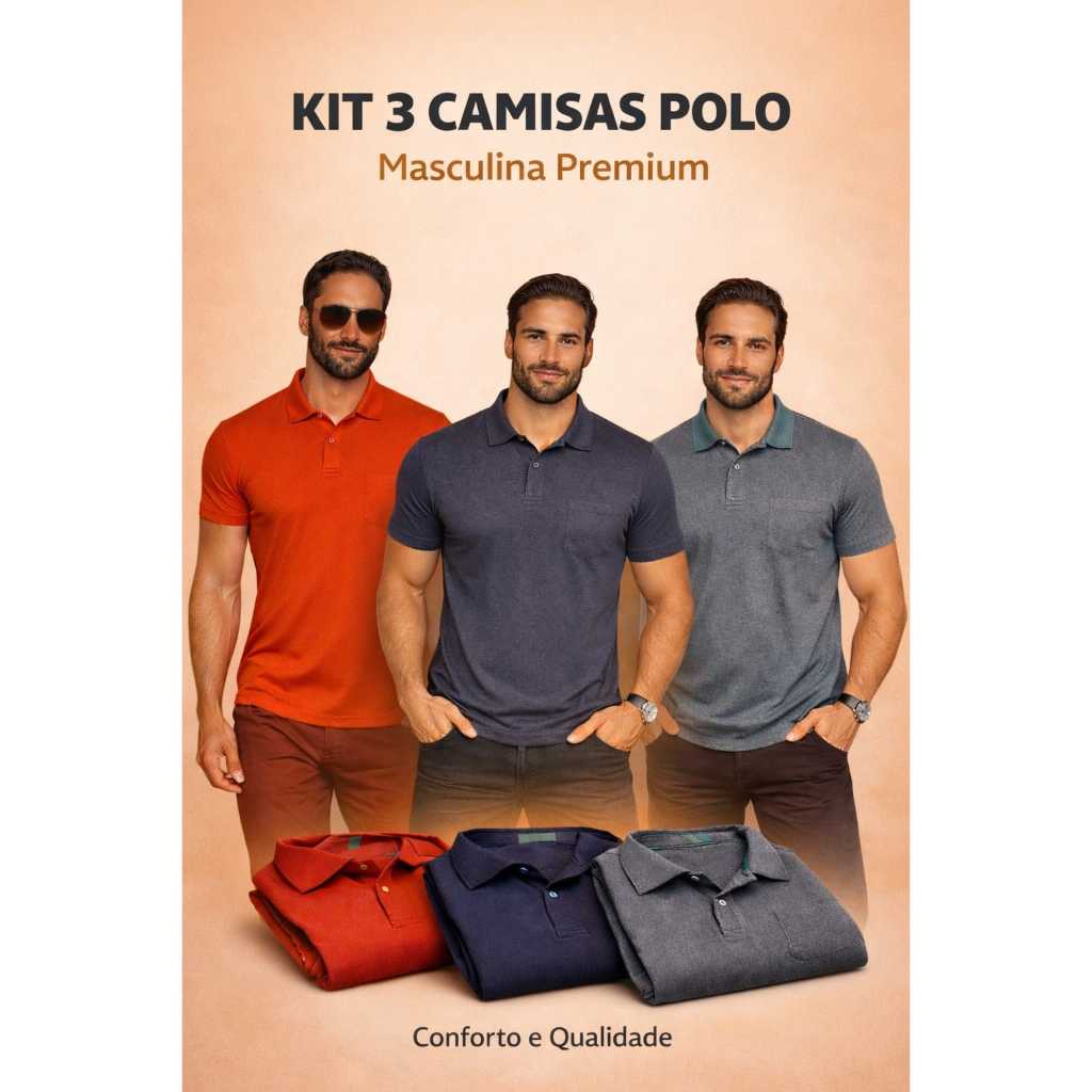 Kit 3 Camisas Polo Masculina Plus Size Com Bolso Malha Piquet Confortável Manga Curta