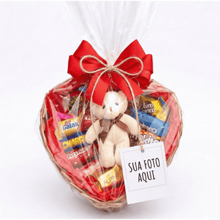 Cesta de Chocolate Pequena com Ursinho - Cesta de Coração Para Dia Dos Namorados / Aniversário