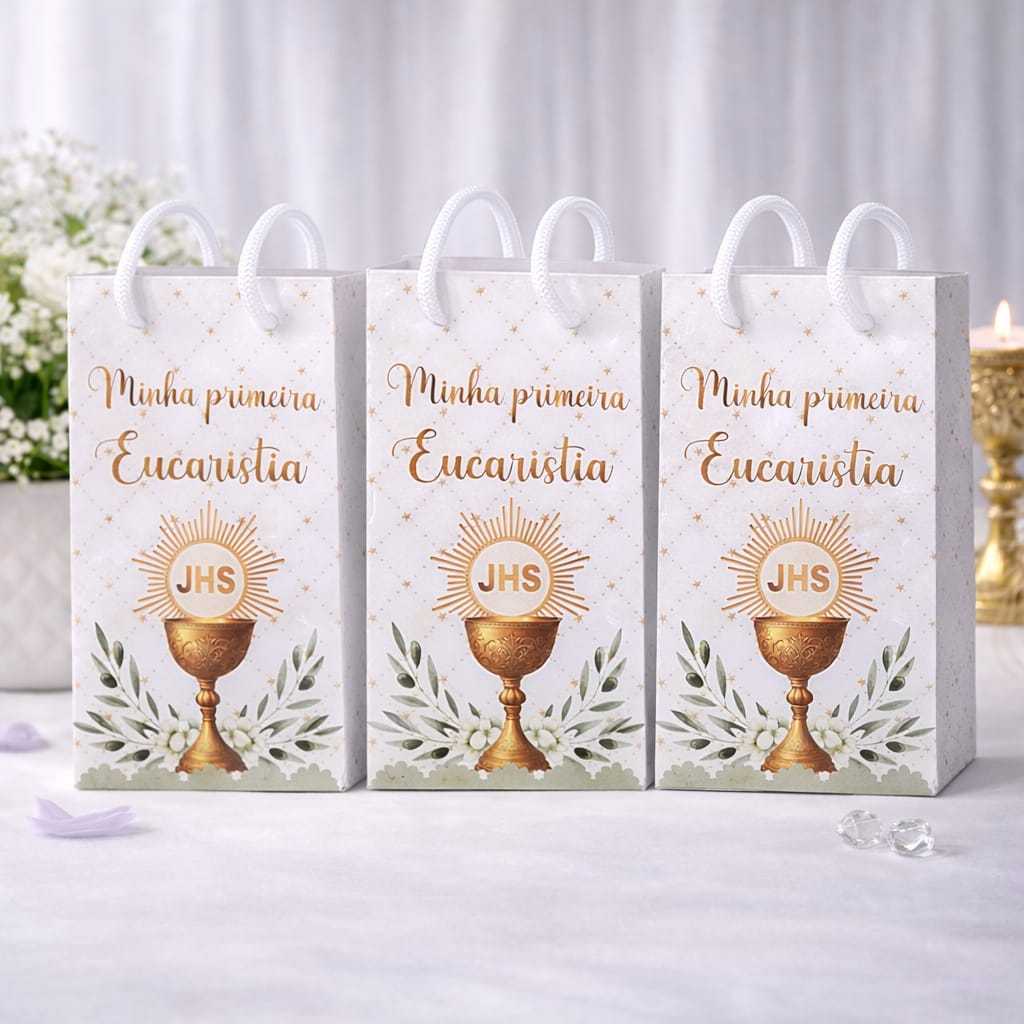 Sacolinha Primeira Eucaristia Personalizada Lembrancinha Batizado Religiosa Luxo Festa Infantil Papel Fotográfico