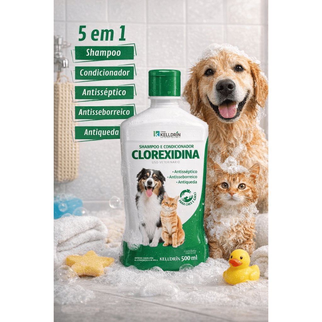Shampoo 5 em 1 Clorexidina Kelldrin Cachorros e Gatos - 500ml