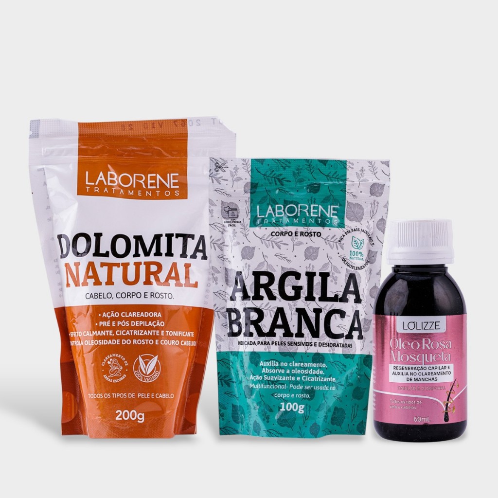 Kit Clareador Dolomita 200g, Argila Branca 100g + Óleo Rosa Mosqueta 60ml/Clareador Corpo e Rosto - Laborene Kit Clareador Dolomita 200g, Argila Branca 100g + Óleo Rosa Mosqueta 60ml/Clareador Corpo e Rosto - Laborene