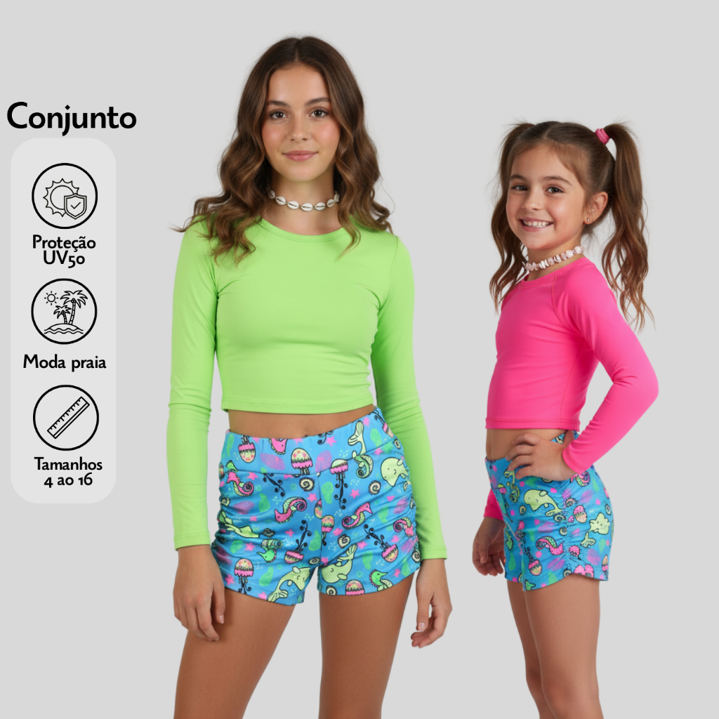 Conjunto Praia e Piscina Menina Cropped + Shorts Estampado Baleia Proteção UV50+ Lavin Basic 77-bal