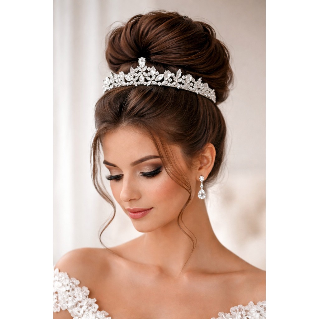 Tiara Porta Coque Coroa Zircônia Prata Prateado Para Penteado Noiva Casamento Festa de 15 Anos Luxo T002