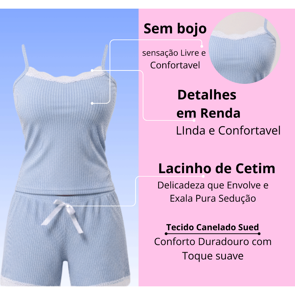 Kit 2 Pijamas Baby Doll Sexy Short Doll Canelado Feminino Detalhe de Renda Luxo Premium Sem Bojo Para Dormir