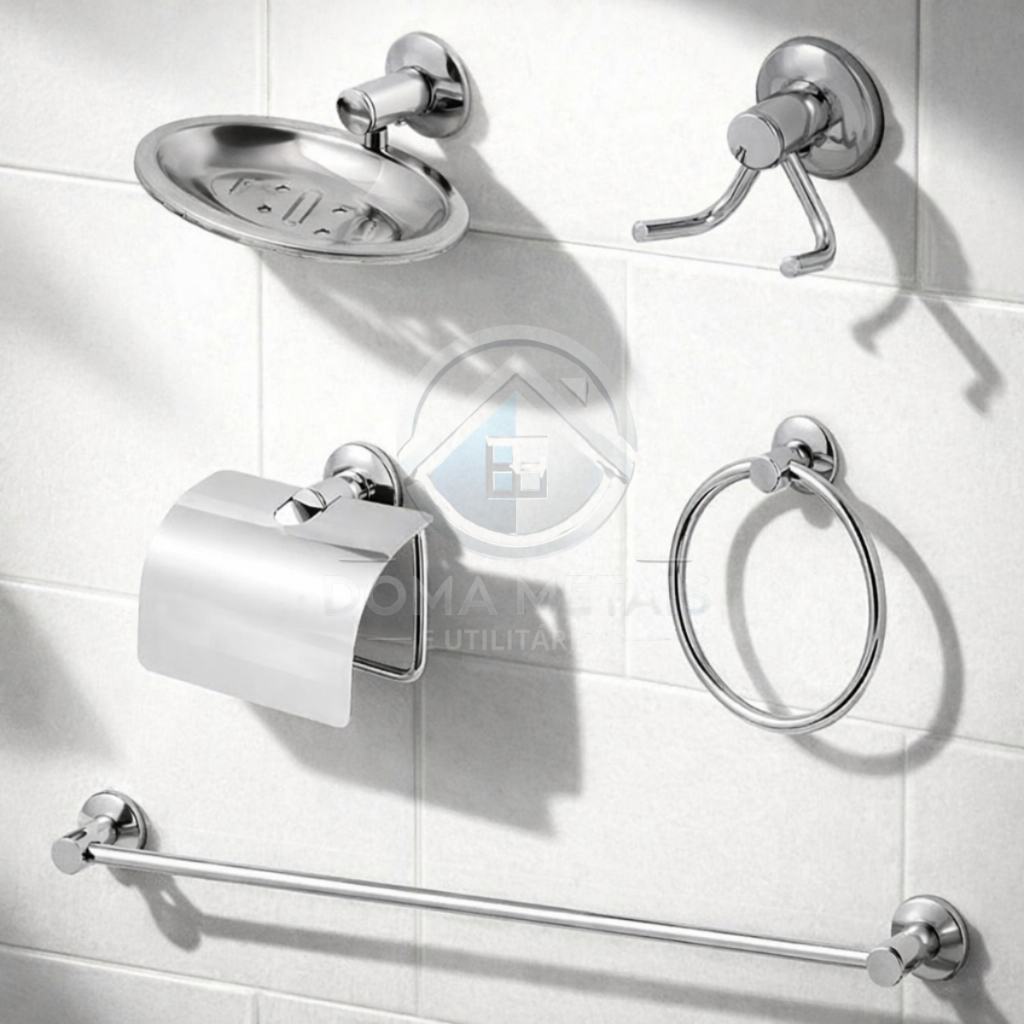 Kit Acessórios Banheiro 5 Peças Inox Cromado Porta Toalha Saboneteira Papeleira Argola Cabide Duplo