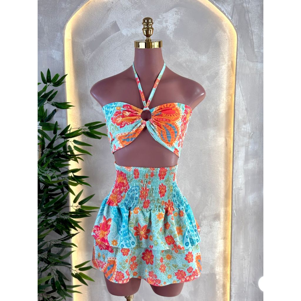 Conjunto Feminino Verão Florido Cropped + Saia de Lastex Curta | Casual Estampado Leve e Fresquinho
