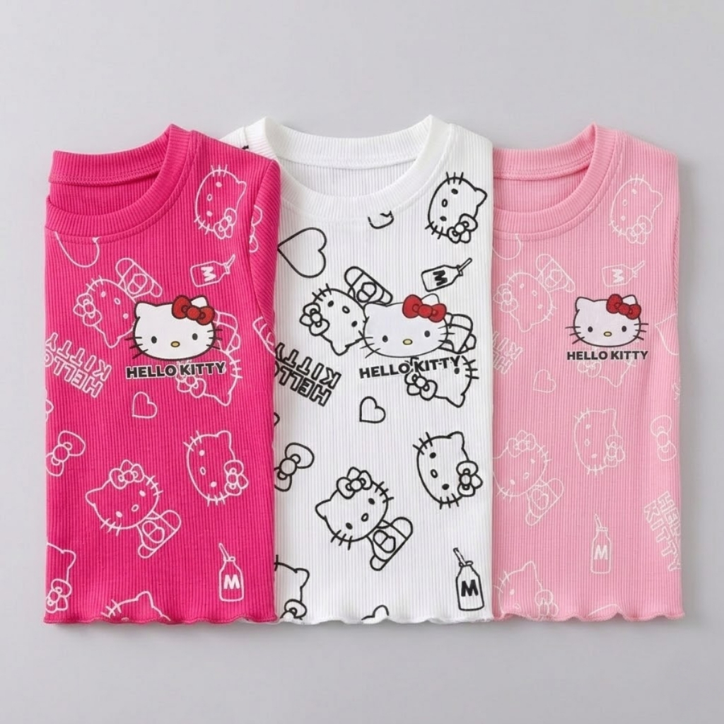 Blusa Infantil Hello Kitty Menina Malha Canelada Super Macia Manga Curta Roupa Casual Infantil