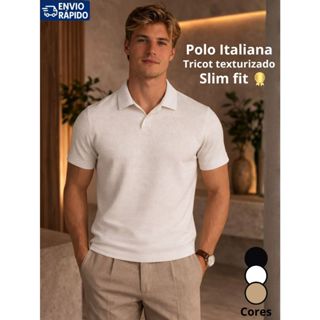 Camisa Polo Masculina Italiana Tricot Texturizado Slim Fit Premium Elegante Casual em Oferta na Shopee