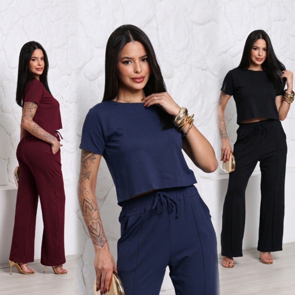 Conjunto Moletinho Feminino calça pantalona e blusa croppeds - Moda Inverno