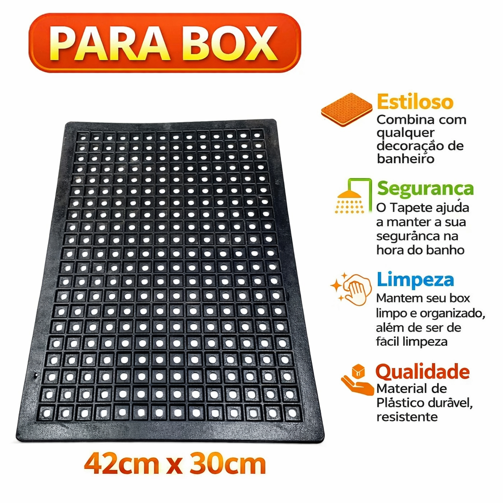 Tapete Antiderrapante De Borracha Drenante para Box Banheiro 42cm x 30cm Preto Conforto Segurança