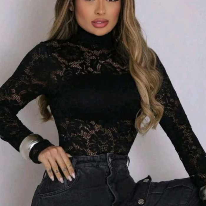 Body Femenino Renda Floral - Manga Longa - Elegante, Sexual, Transparente.