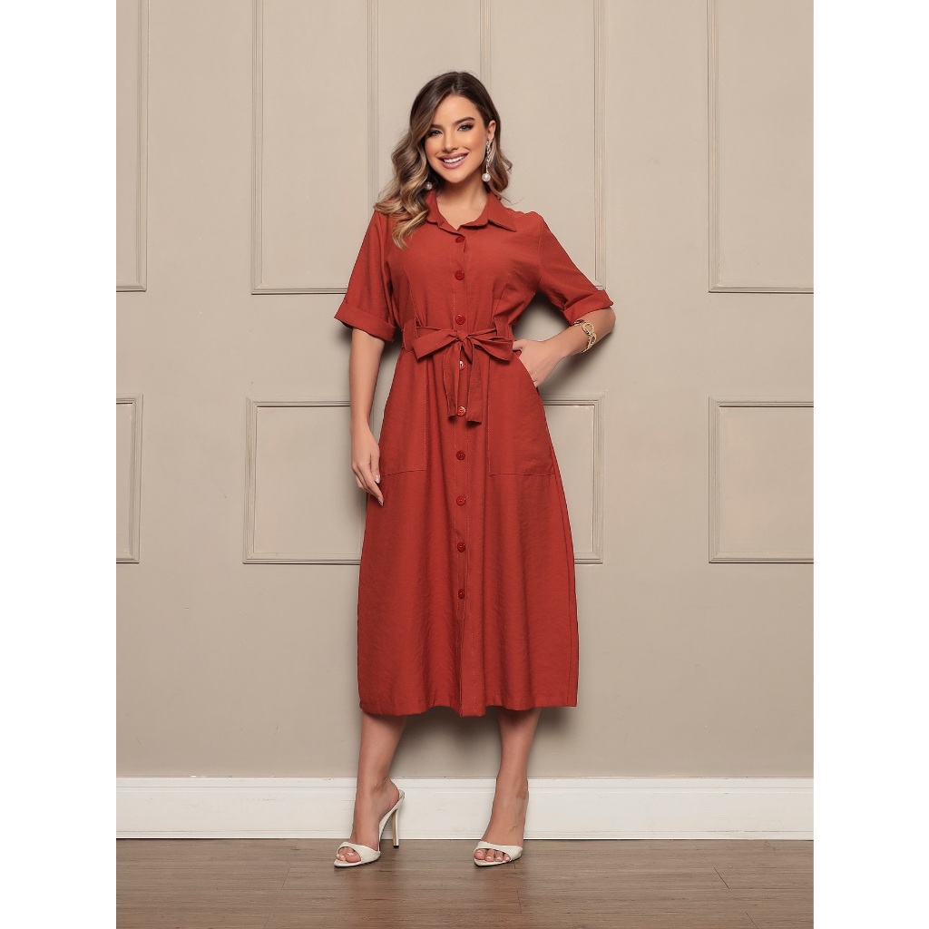 Chicshine vestido elegante de tecido marrant com gola social com botões com bolsos e cinto em Oferta na Shopee