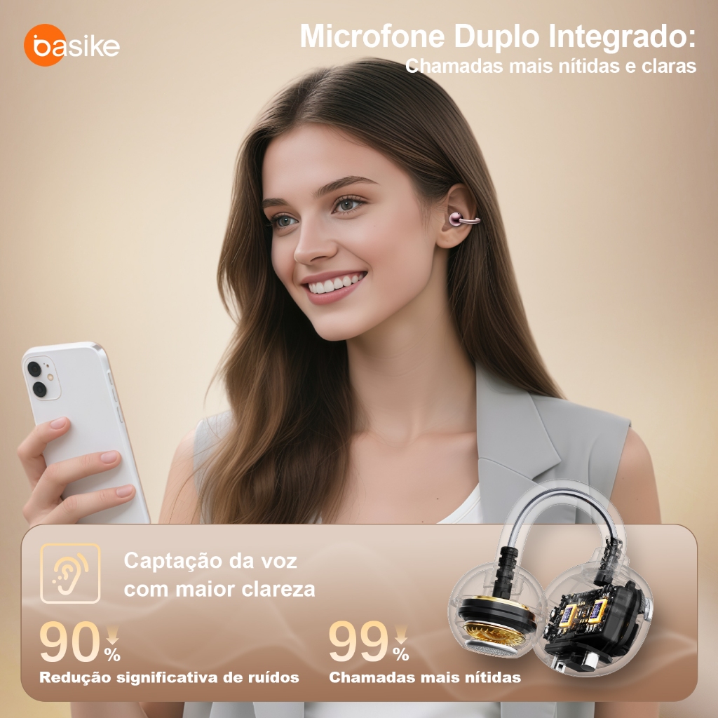 Fone de Ouvido Sem Fio Basike Ba-FON261, TWS, Ear-Clip, 30h de Música, IPX5