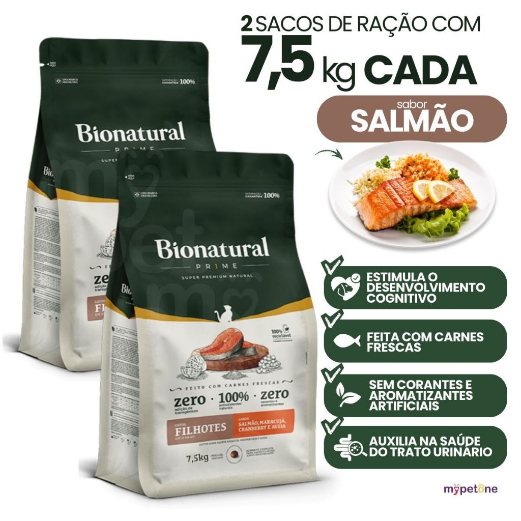 Kit 2 Ração Bionatural Prime para Gatos Filhotes Sabor Salmão 7,5kg Nutrição Com