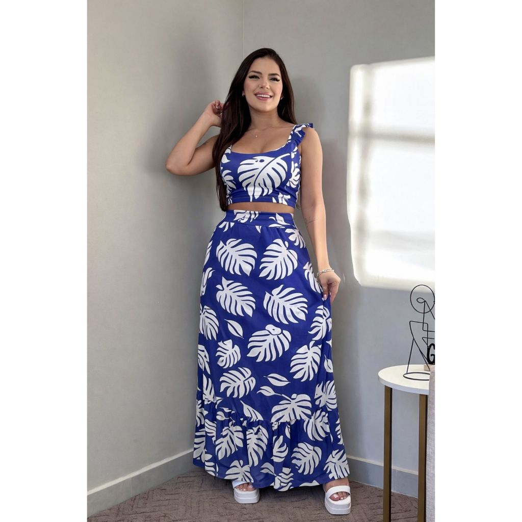 Conjunto Croped e Saia Floral Cropd De Alcinha Com Bojo Tendencia Moda Feminina Verao MicroFribra