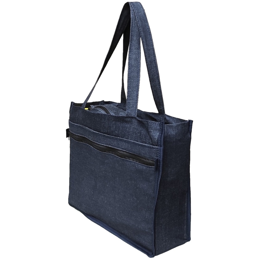 SACOLA ARTESANAL ECOLÓGICA FASHION EM JEANS REFORÇADA COM BOLSO FRONTAL 40X30X10