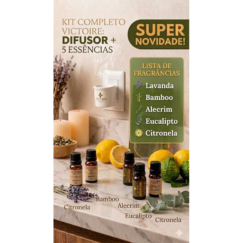 kit Difusor Elétrico Porcelana + 5 Essências (Lavanda/ Bamboo/ Alecrim/ Eucalipto/ Citronela)