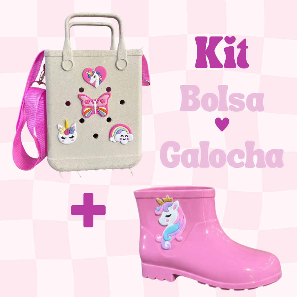 Kit 2 Itens Bolsa + Galocha Infantil Menina com Solado Antiderrapante e Cores Variadas