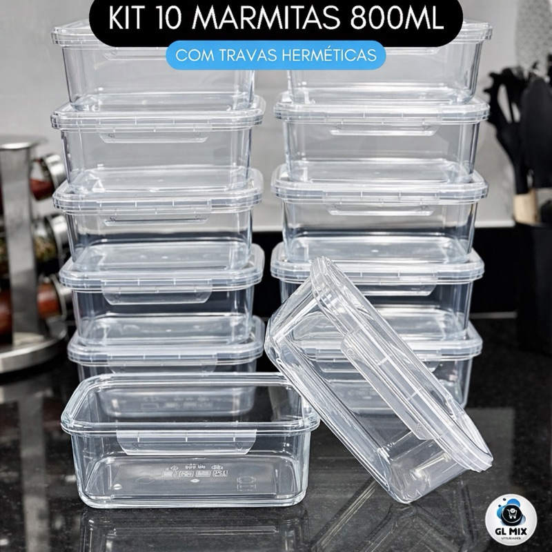 Kit 10 Potes Marmitas Travas Laterais 800ml herméticas - GL MIX BPAFREE reutilizável jogo de marmita