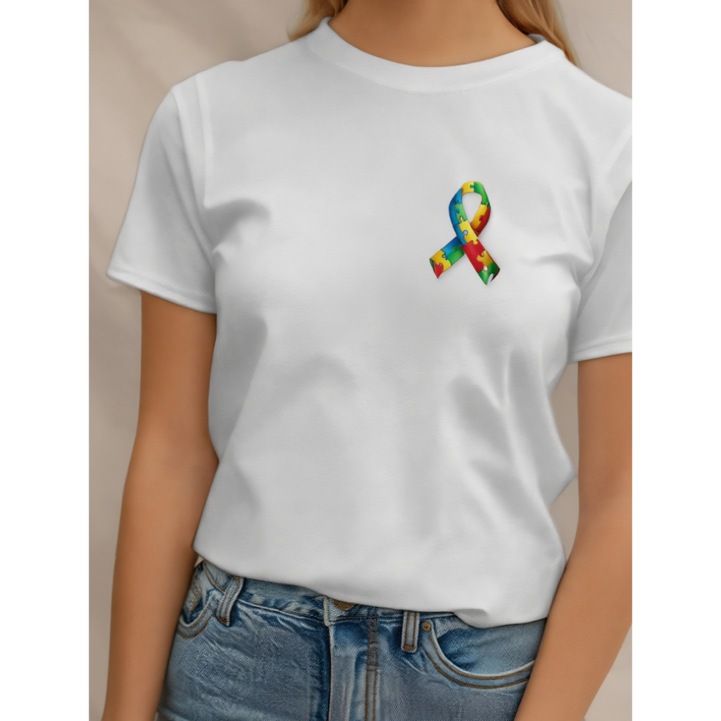 Camiseta 100% Algodão Laço Puzzle TEA Design Minimalista no Peito Esquerdo