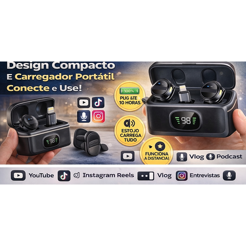 Microfone de Lapela Sem Fio para Celulares Android e IOS Áudio Profissional para Vídeos