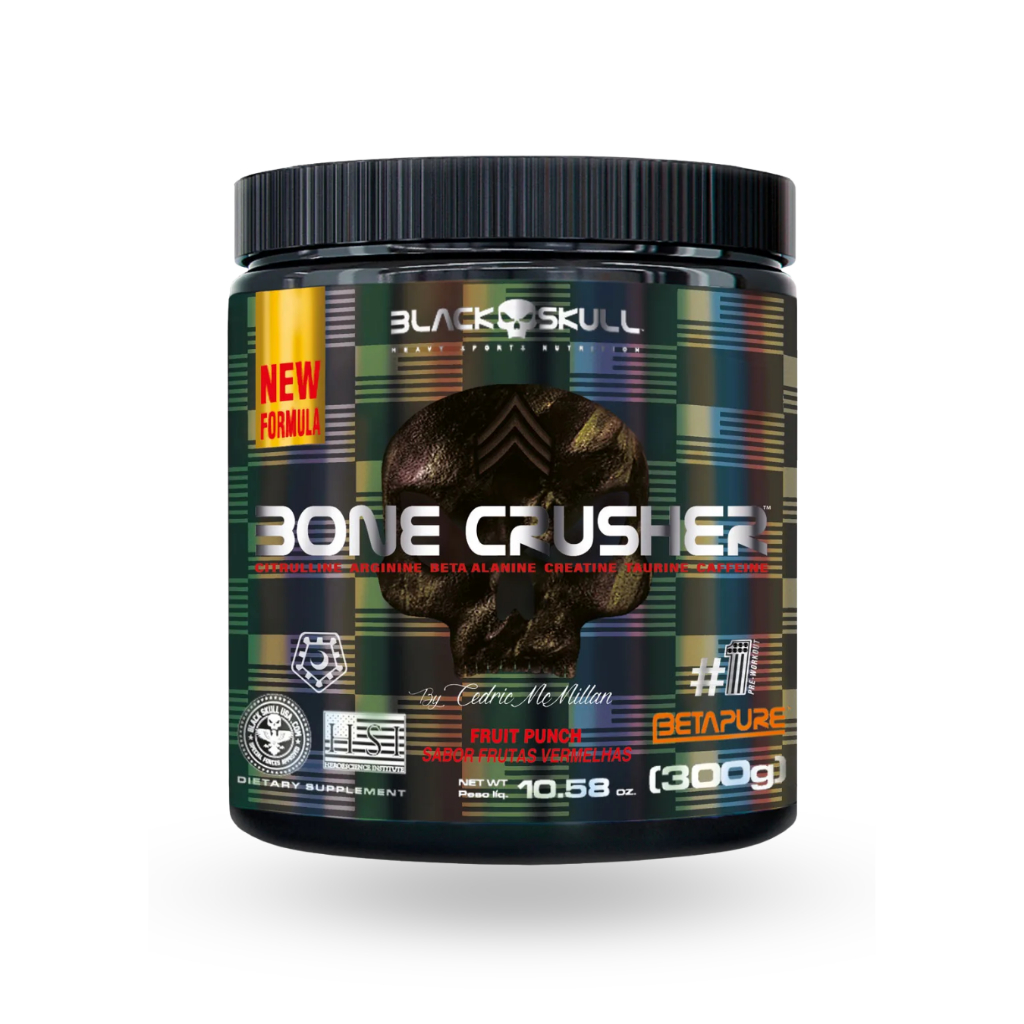 Pré-Treino Bone Crusher | Black Skull | 300g | Frutas Vermelhas | Energia para Treinos Intensos!