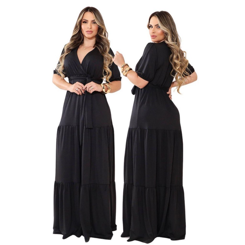Vestido Longo Feminino Moda Evangélica Manga Curta Malha Elegante Confortável com Faixa na Cintura Três Marias