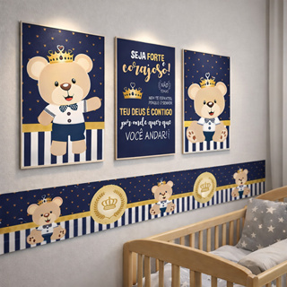 3 Quadros + 1 Faixa Adesiva de Parede Urso Principe Azul Escuro Quarto Bebê em Oferta na Shopee