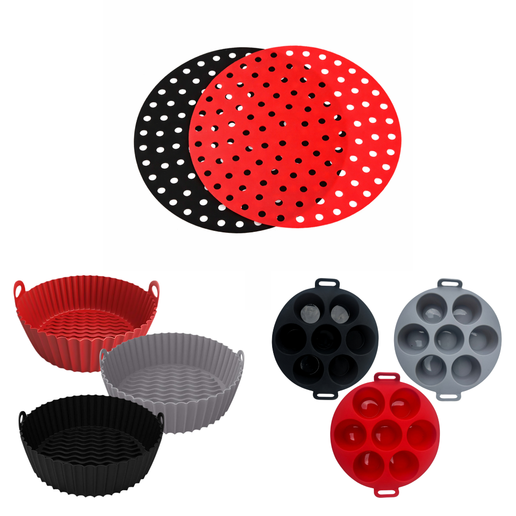 Forma Silicone Air Fryer + Forma Cupcake 7 Cavidades + Tapete Silicone Antiaderente