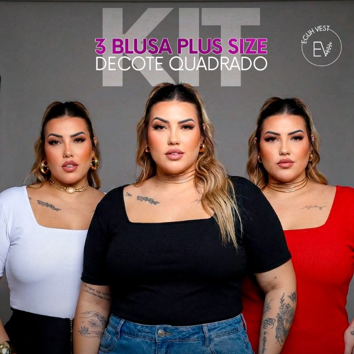 Kit 3 Blusas Plus Size Gola Quadrada Feminina Verão Basica casual elegante ALTA ELASTICIDADADE curve