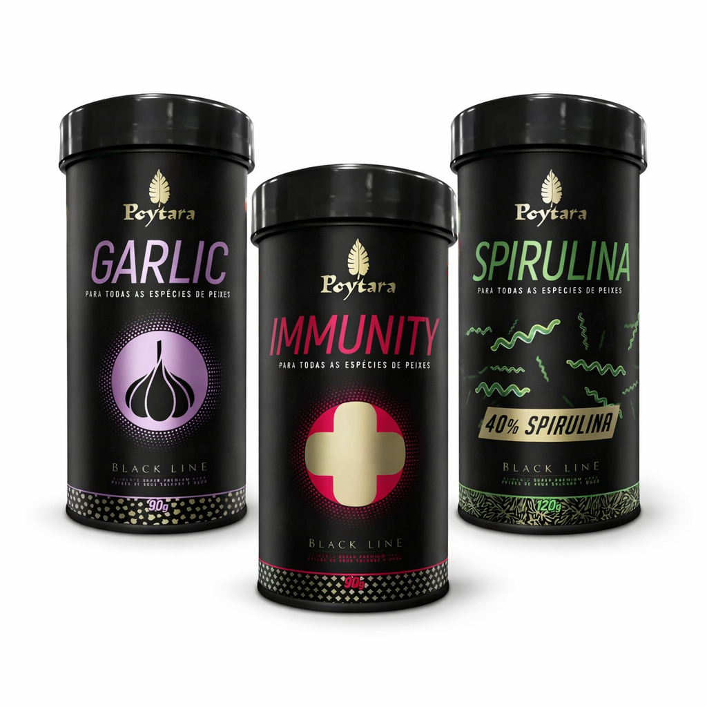 Kit Ração Poytara Black Line Peixes Immunity 90g / Spirulina 120g / Garlic 90g Envio Imediato Oferta