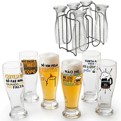 Kit 6 Copos de Vidro 200ml para Cervejas Bebidas + Suporte Arthi Preto