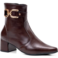 Bota Feminina Lumiss Bico Fino Salto Médio Bloco Cano Curto Fivela Dourada