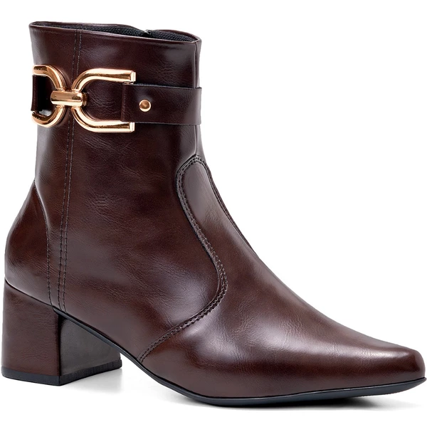 Bota Feminina Lumiss Bico Fino Salto Médio Bloco Cano Curto Fivela Dourada