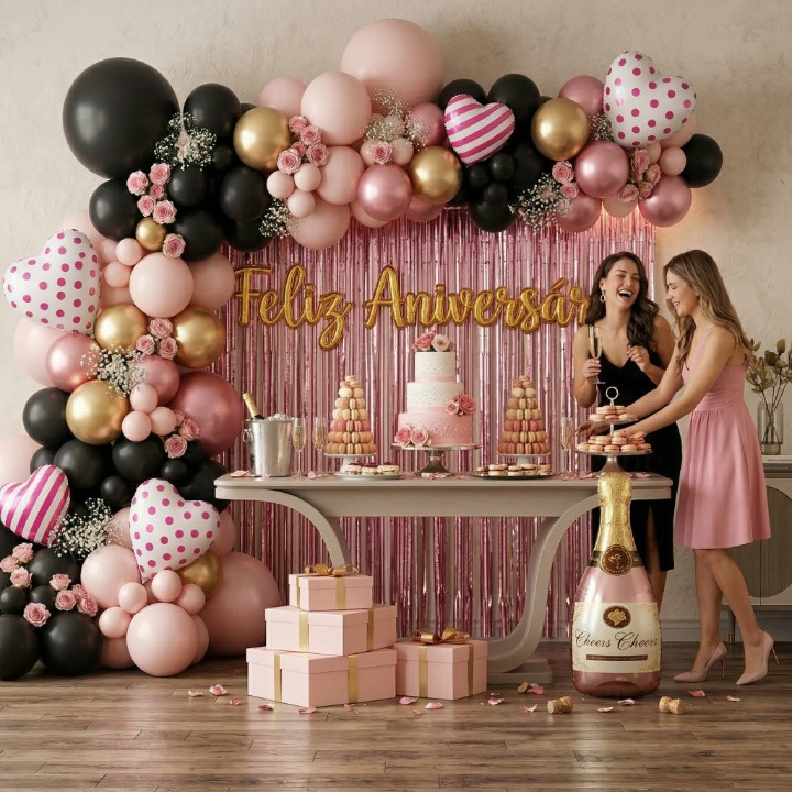 Kit Decoração Festa Balões Feliz Aniversário Rosa e Dourado Champagne 60 Peças Arco Desconstruído