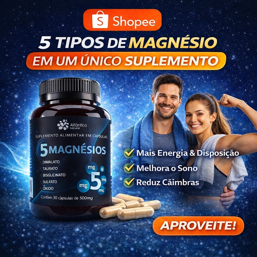 5 Magnésios Atlântica Natural 30 Cápsulas | Dimalato, Taurato, Bisglicinato, Sulfato e Óxido | Energia, Sono, Câimbras