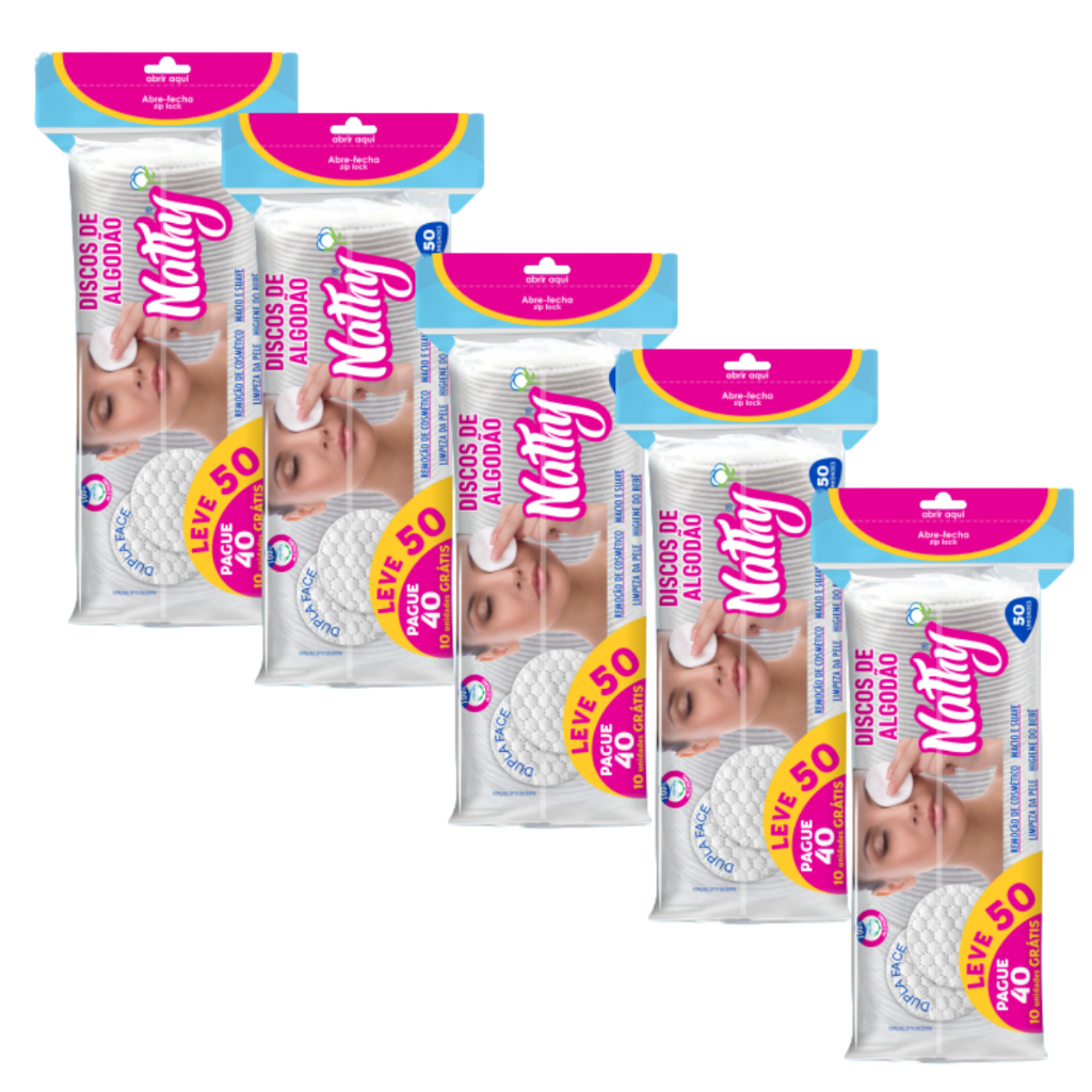 Kit 5 Algodão Nathy Disco Dupla Face 50un Remoção Maquiagem Skincare