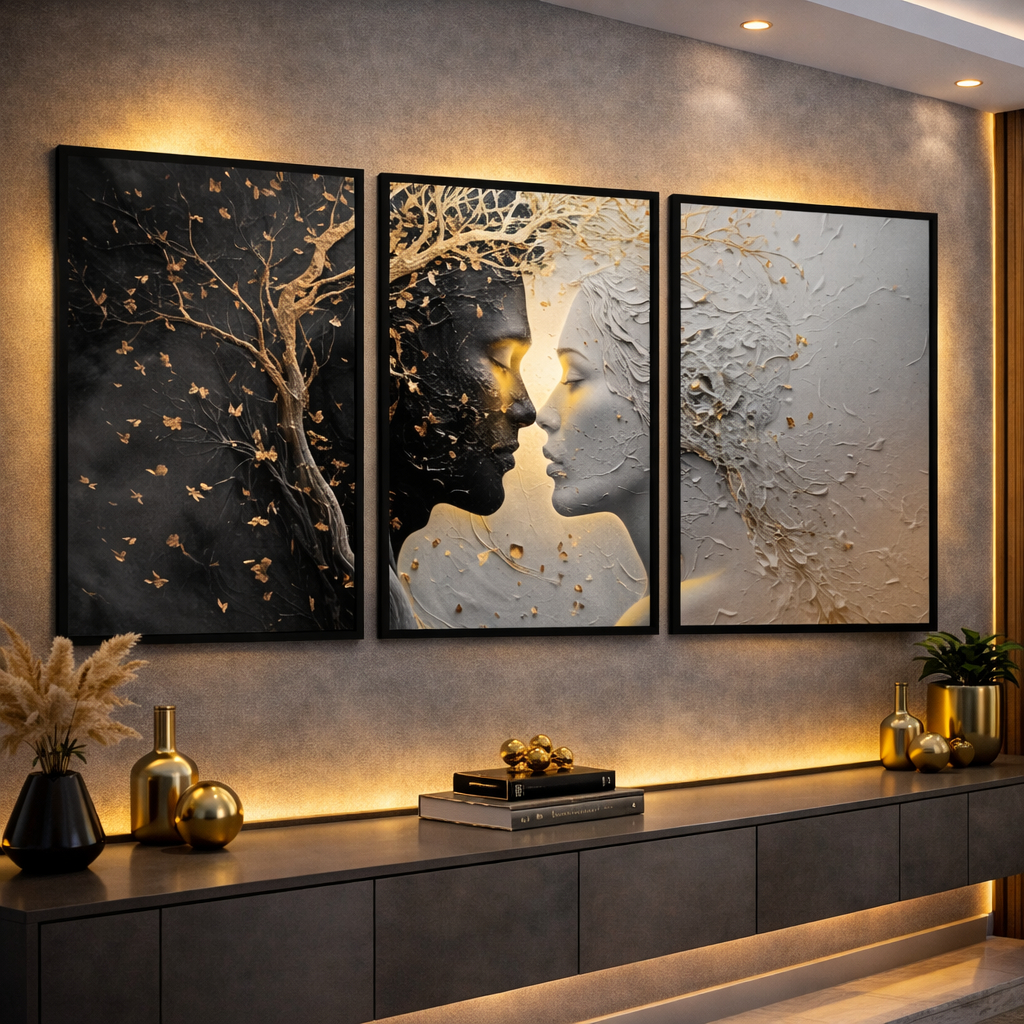 Quadros Decorativos Trio Casal Romântico Preto e Branco Dourado Moderno em Oferta na Shopee
