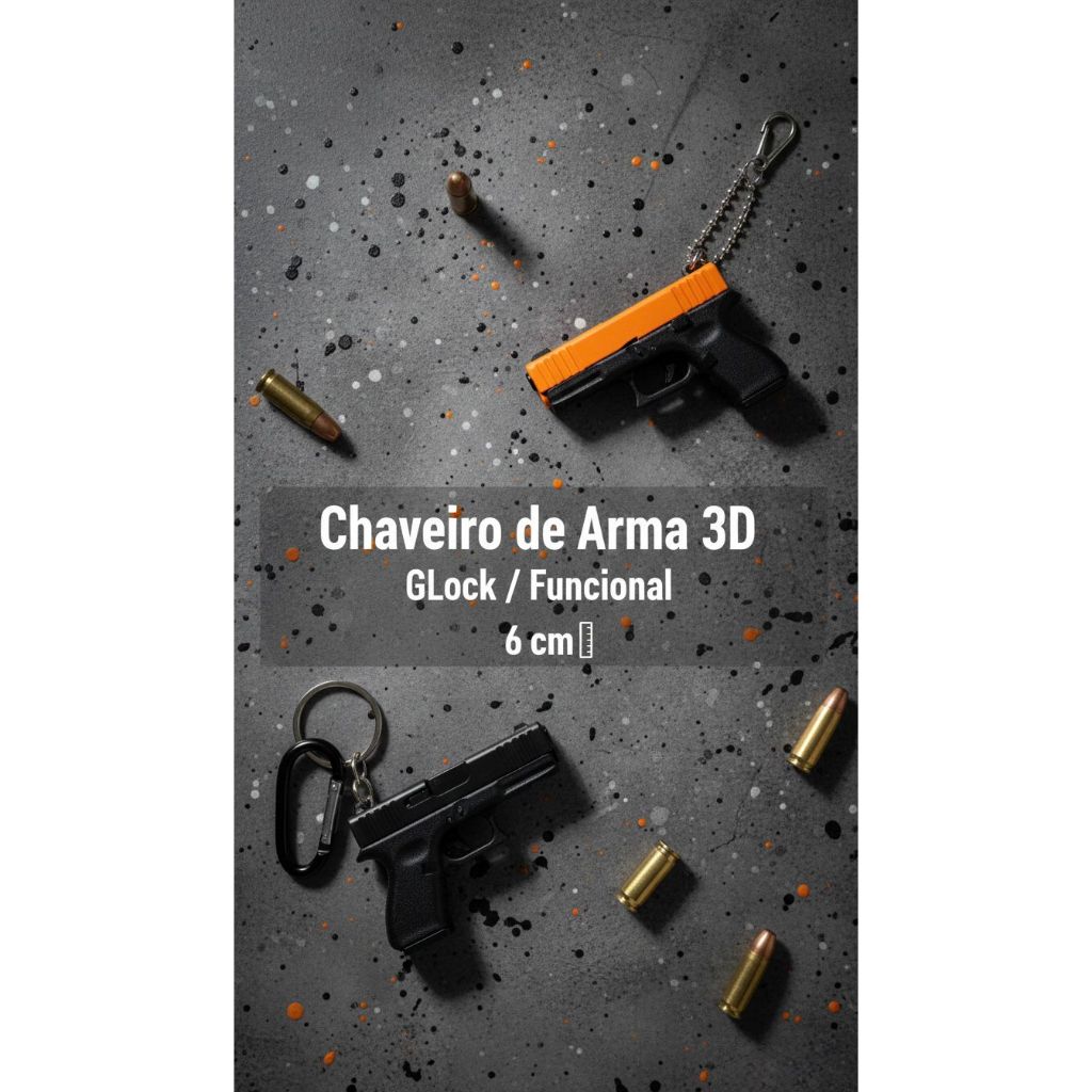 Chaveiro Pistola Glock Miniatura 6cm Slide Funcional Carregador Removível Tático Colecionável  Operacional Polícia CAC