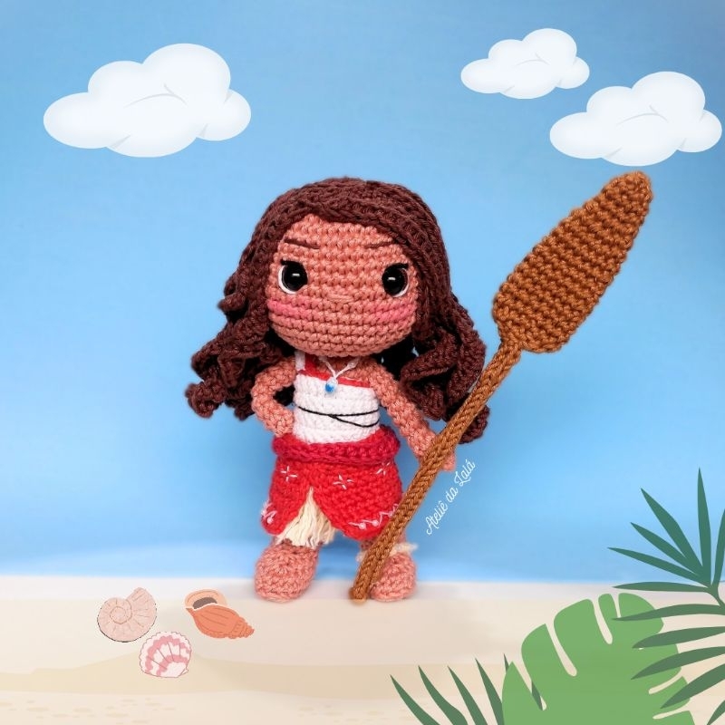 Boneca Princesa Moana Crochê Amigurumi Artesanato Feito à Mão Articulada 20 cm