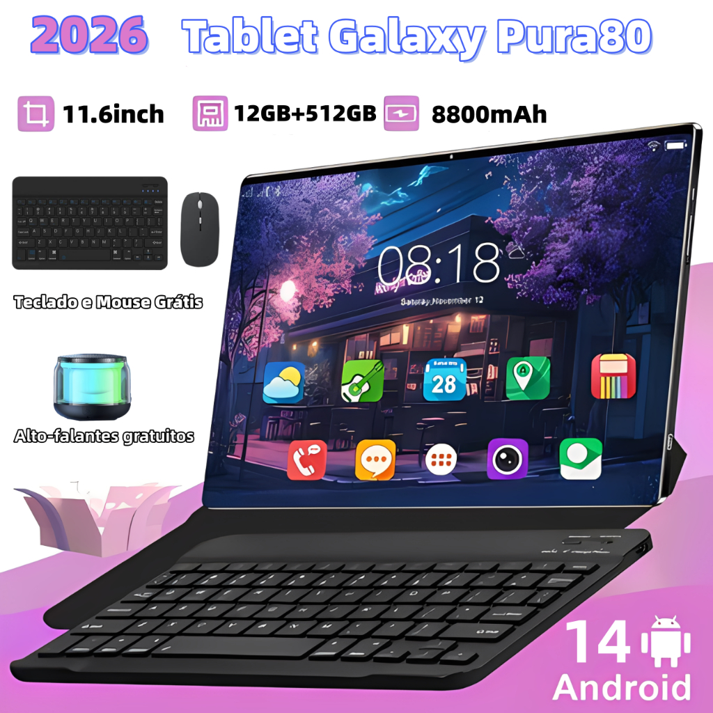 【Teclado, mouse e alto-falantes gratuitos】Tablet Galaxy Pura80 Android 14 12 GB + 512 GB 11,6 polegadas HD 8800 mAh Prom em Oferta na Shopee