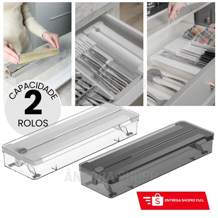 Organizador de Rolos Duplo e Cortador de Plástico Filme Papel Alumínio Manteiga Ou 37cm x ...