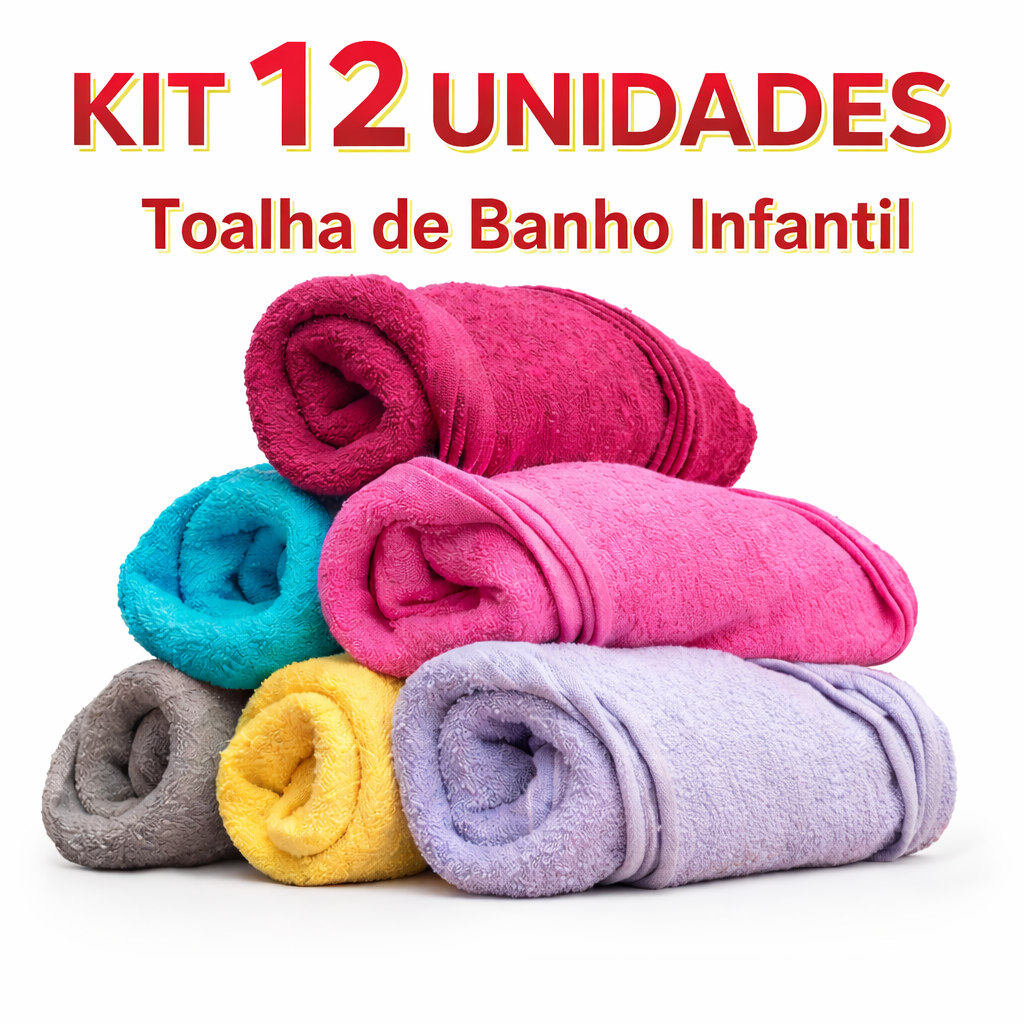 Toalha de Banho Infantil Kit 12 Beira Rio 100% Algodão Macia Alta Absorção 103x57cm