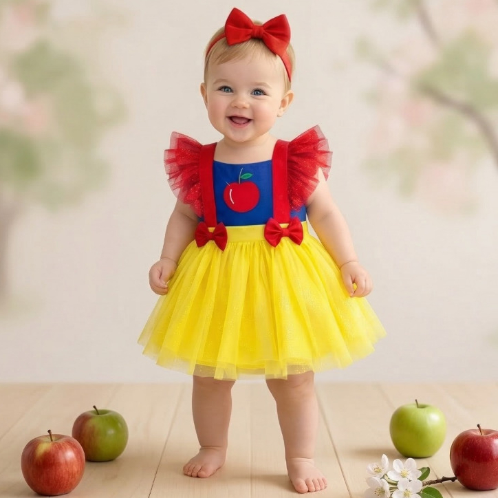 Jardineira Romper Saia Tule Bebê Menina Branca De Neve Princesa Brilho Com Laço Festa Aniversário