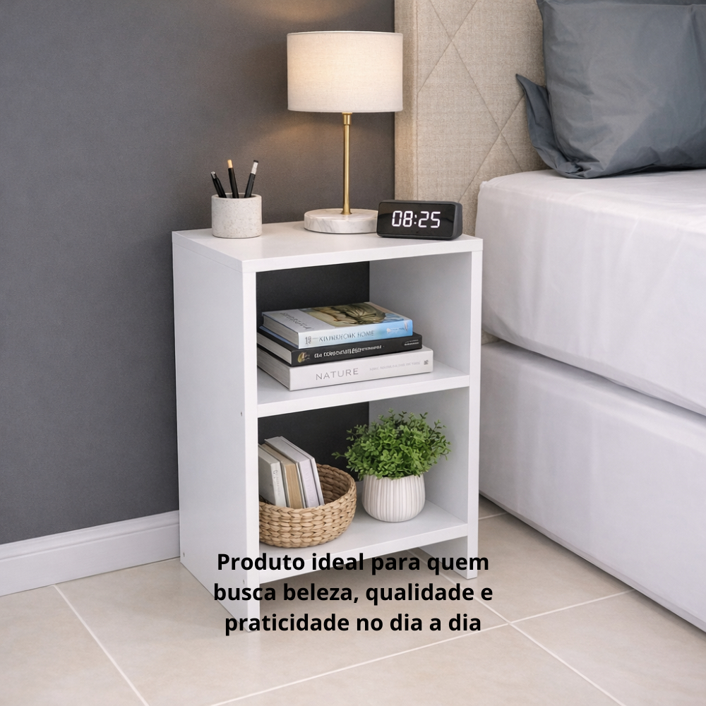 Mesa Lateral Nicho Multiuso 2 Prateleiras – Mesa de Cabeceira Moderna- 60