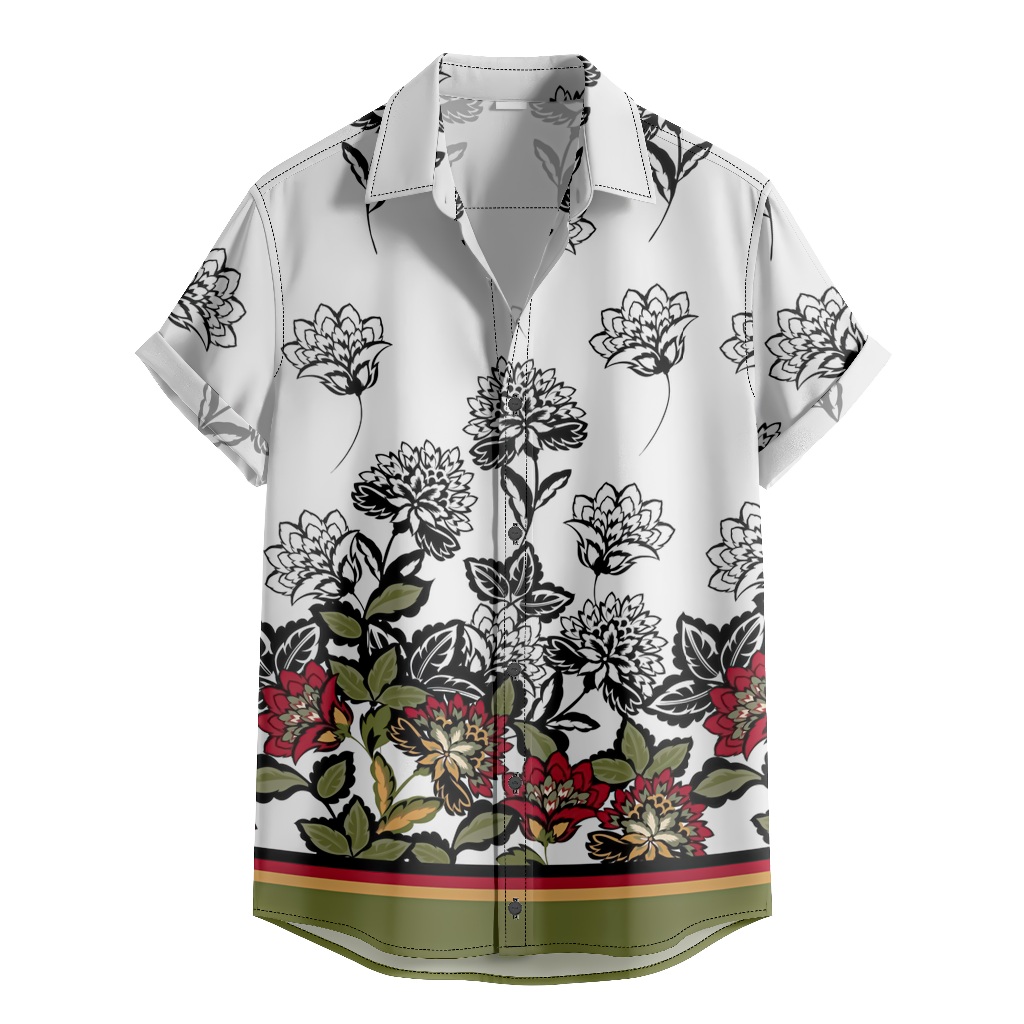 Camisa De Botão  Masculina Floral Branca Manga Curta Casual Verão Estampada [Ref-507]