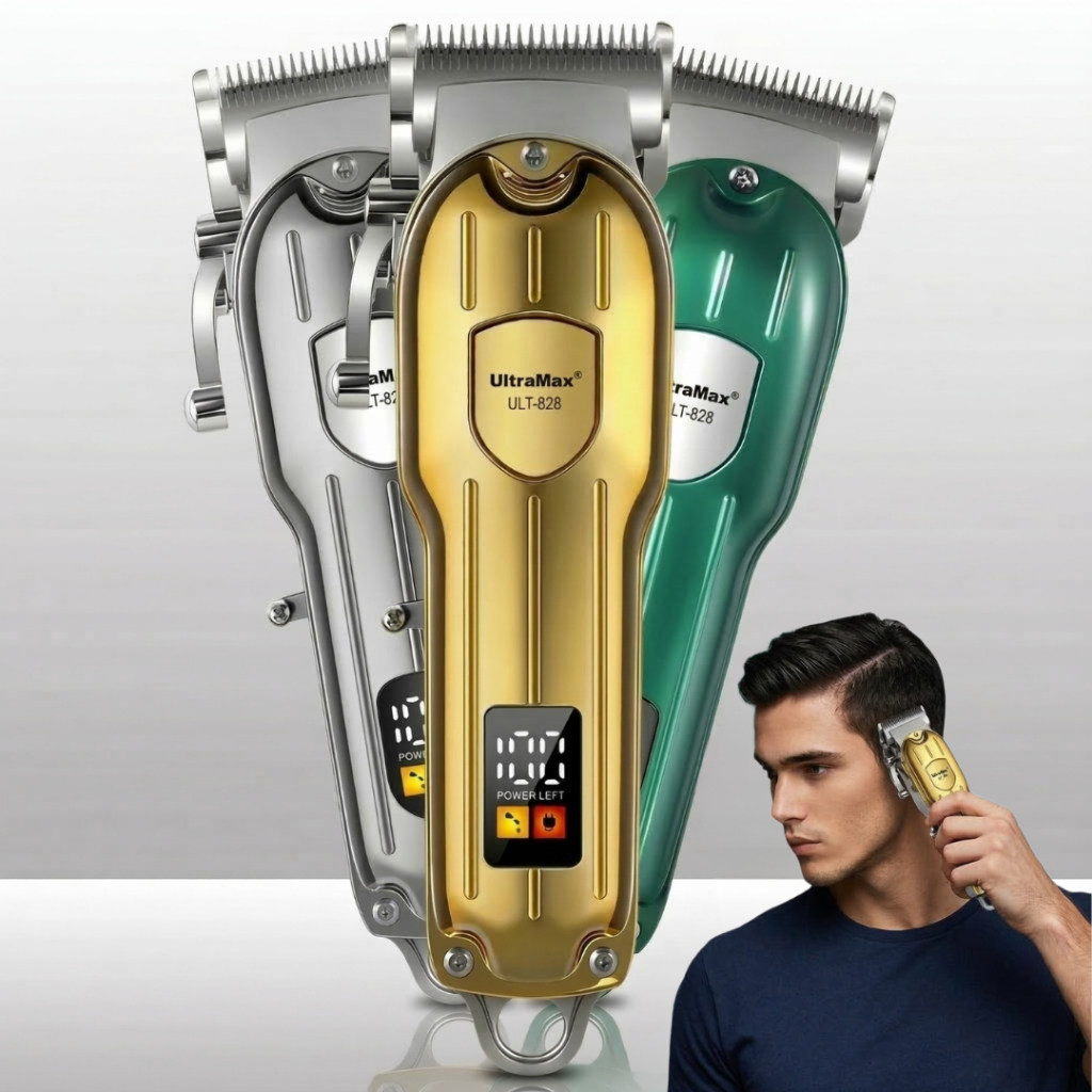 Máquina de Cortar Cabelo Profissional UltraMax ULT-828 Recarregável com Pentes USB-C Visor LED